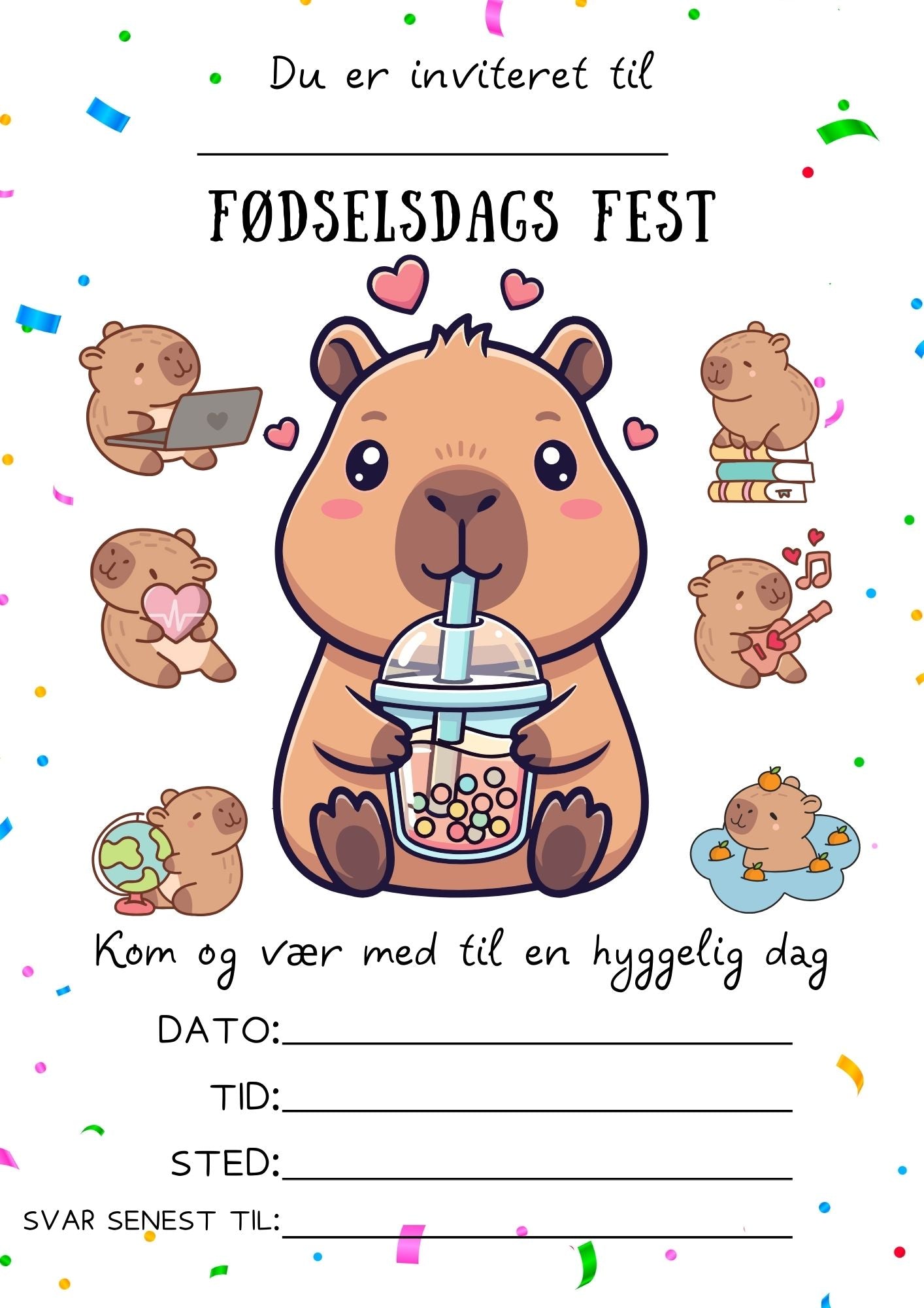 Capybara fødselsdag invitation til børn – Download & print selv