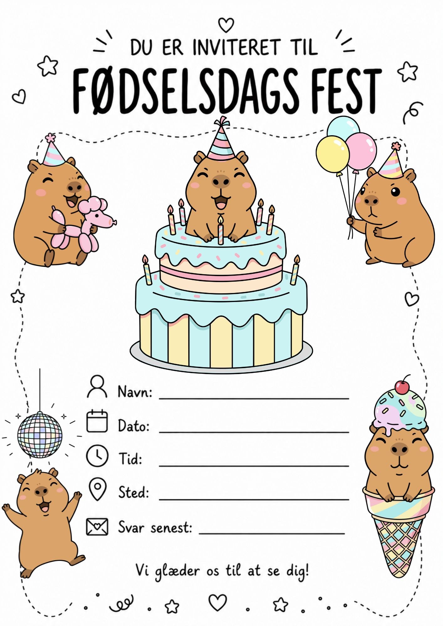 Capybara Fødselsdag invitation til børn - 3 Designs - Download & Print Selv