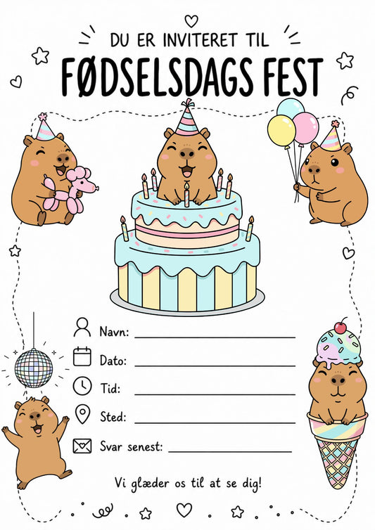 Capybara Fødselsdag invitation til børn - 3 Designs - Download & Print Selv