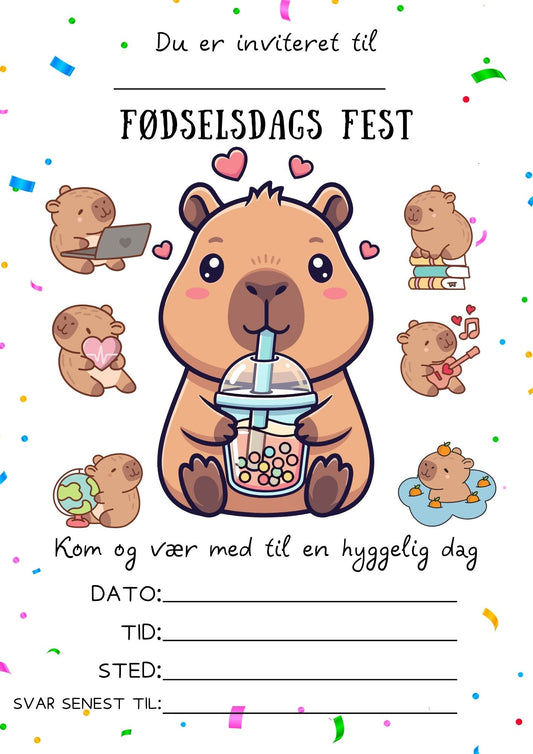 Capybara fødselsdag invitation til børn – Download & print selv
