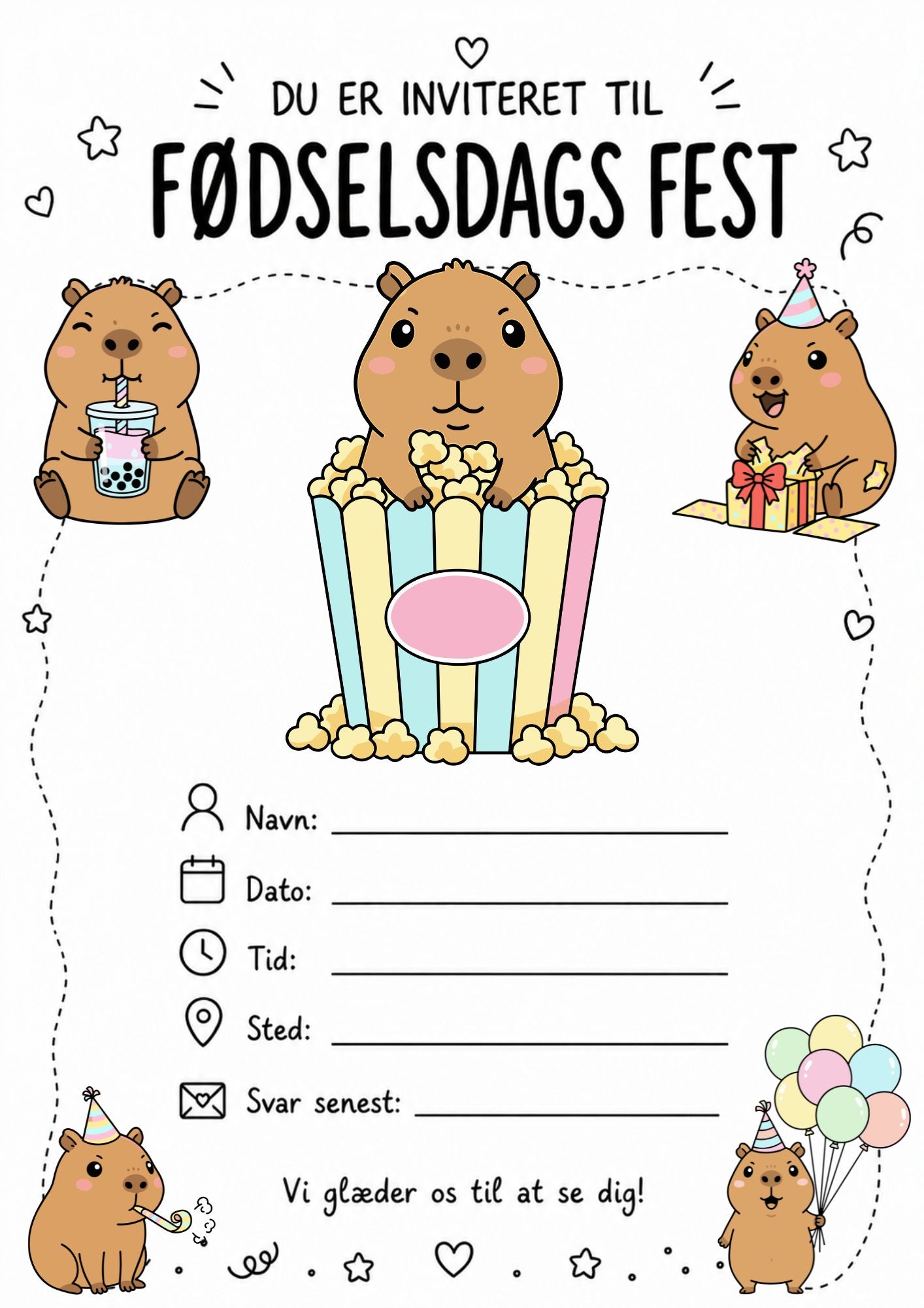 Capybara Fødselsdag invitation til børn - 3 Designs - Download & Print Selv