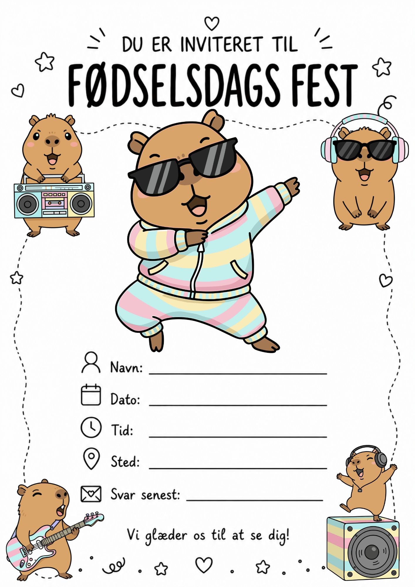 Capybara Fødselsdag invitation til børn - 3 Designs - Download & Print Selv