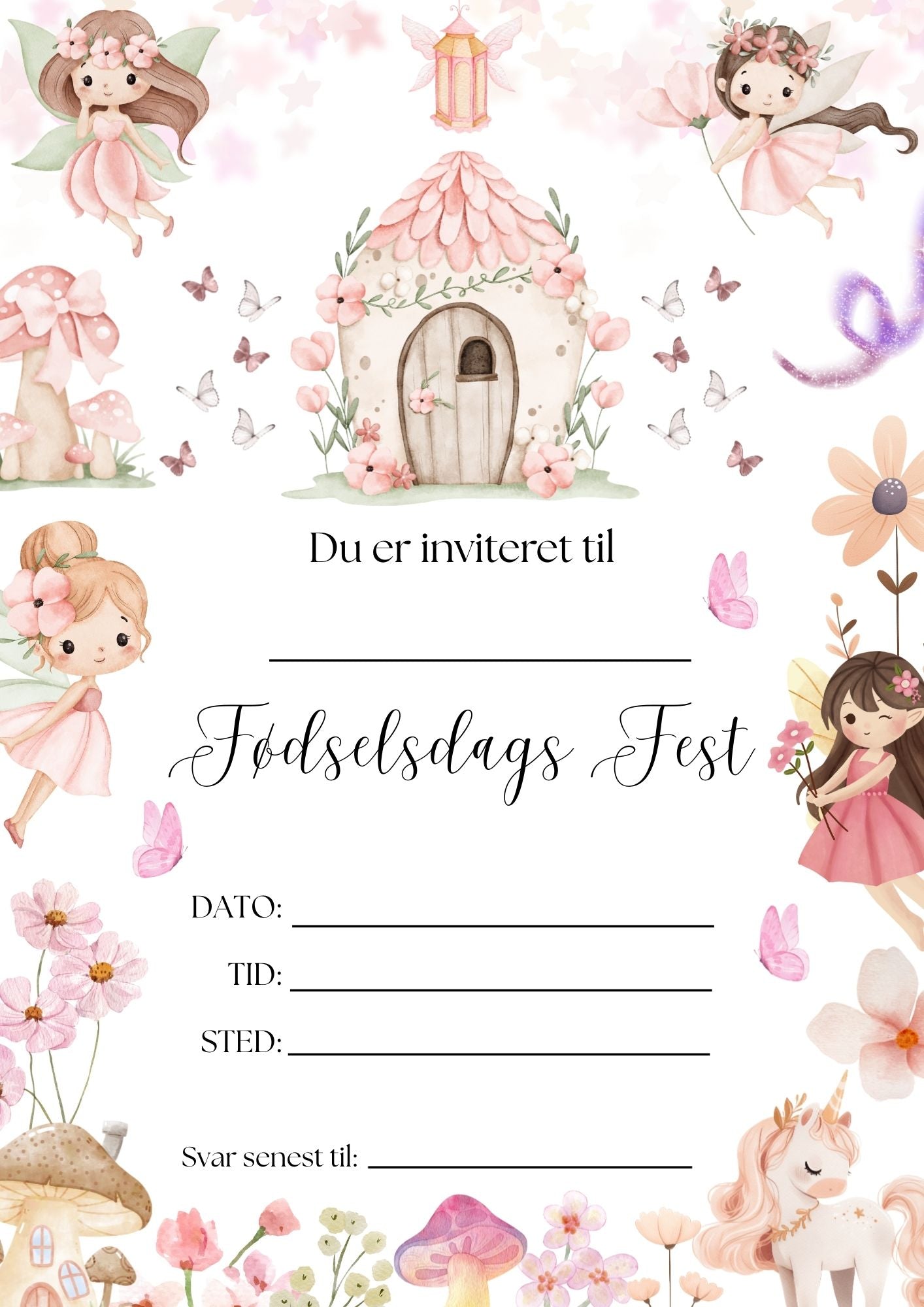 Børnefødselsdag invitation med feer & eventyr – Print selv PDF | Pige fødselsdag