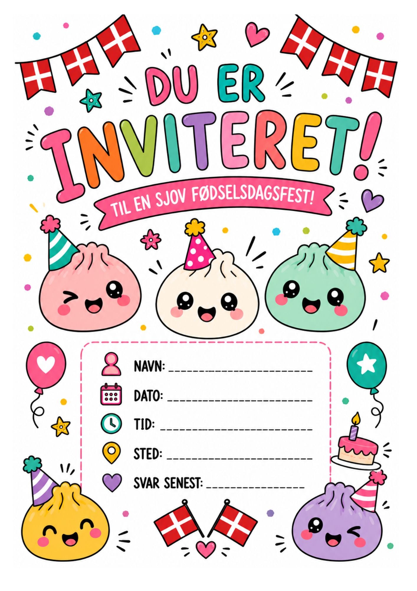 Squishy Dumpling Fødselsdags Invitation til Børn – Print Selv A4 Download