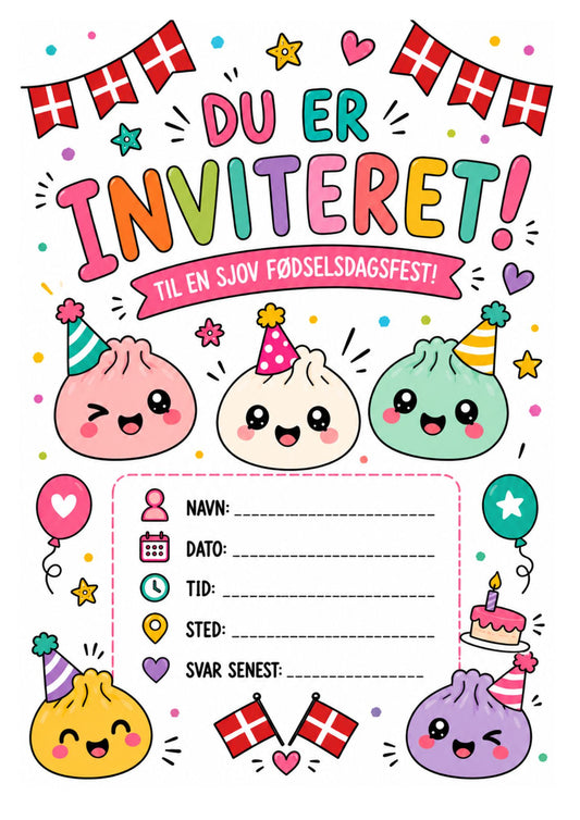 Squishy Dumpling Fødselsdags Invitation til Børn – Print Selv A4 Download
