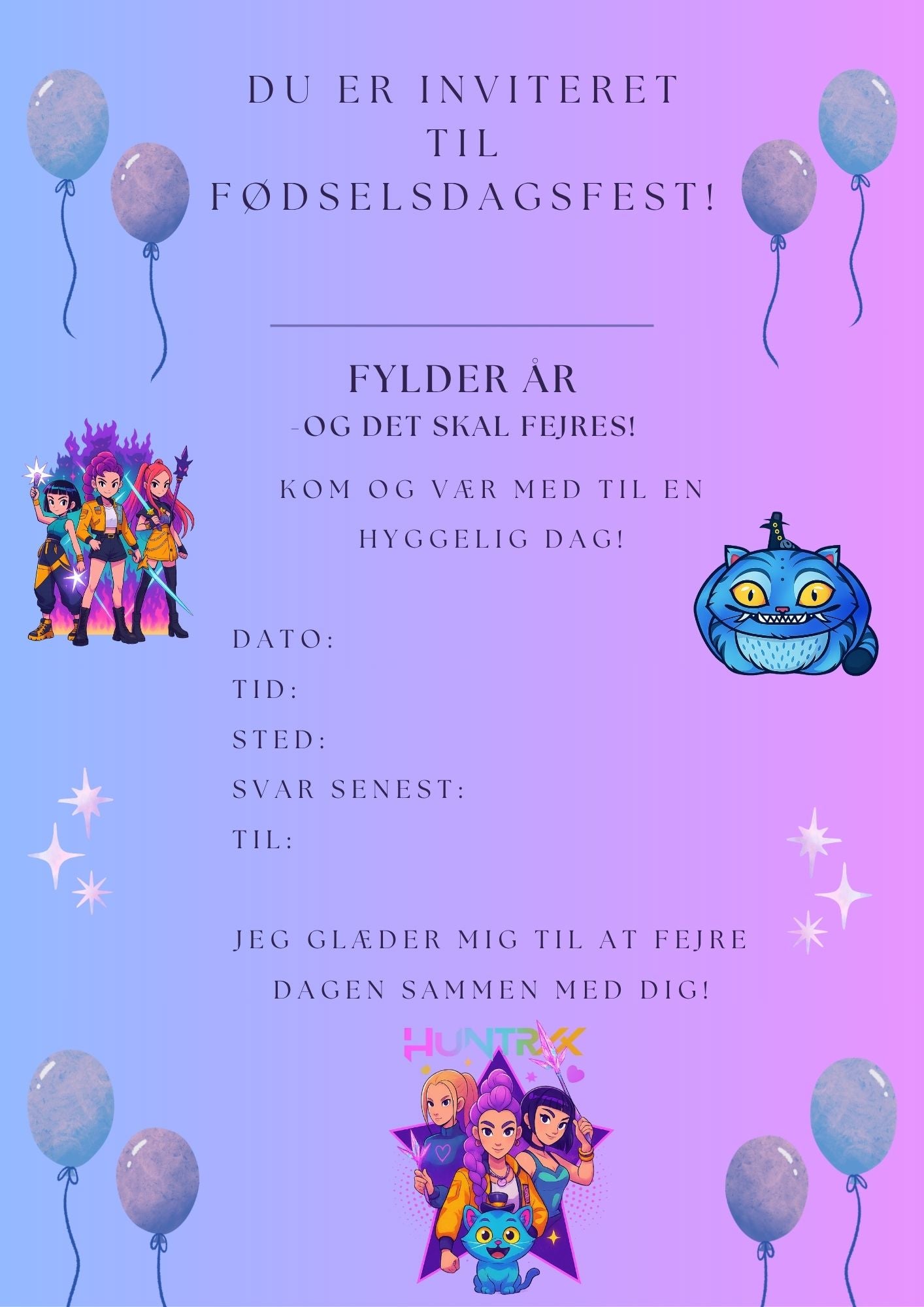 Huntrix & Demon Hunters Fødselsdagsinvitation – Print Selv